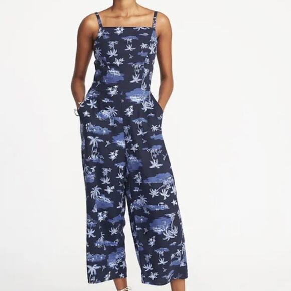 Old Navy Pants - Old Navy Waist Defined Jumpsuit Square Neck Blue Tropical Print Size XXL